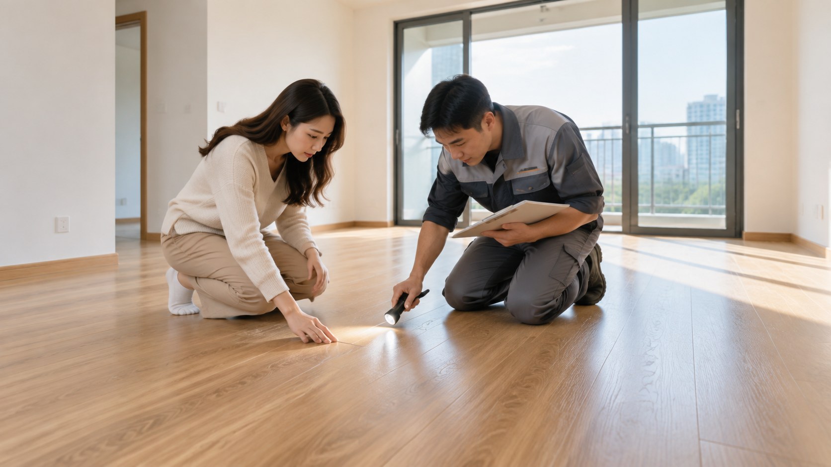 Minh họa AI: chủ nhà và thợ kiểm tra sàn gỗ trước bàn giao