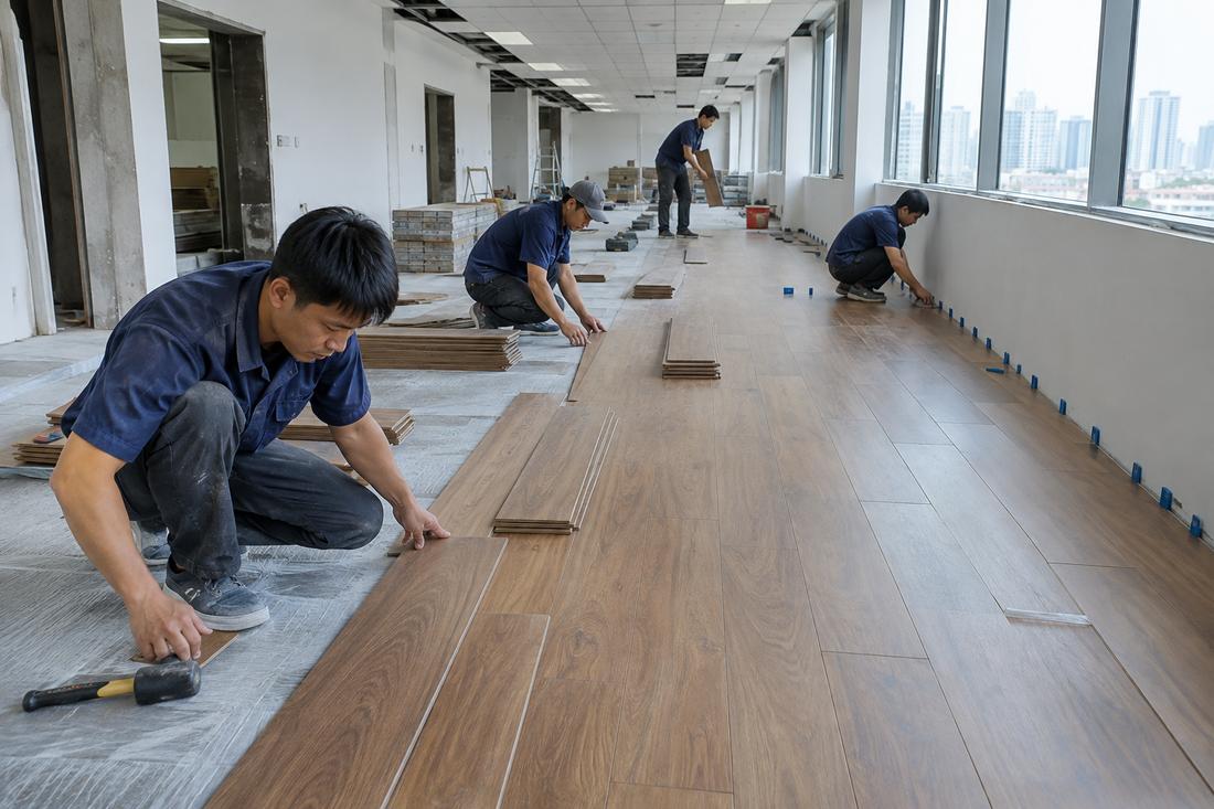 Đội thợ lắp đặt sàn gỗ công nghiệp cho công trình